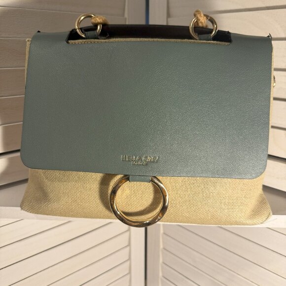 Luella Gray London Handbags - Luella Grey Raffia Teal/ Brown Faux Leather Woven Top Flap Over Cross Handbag